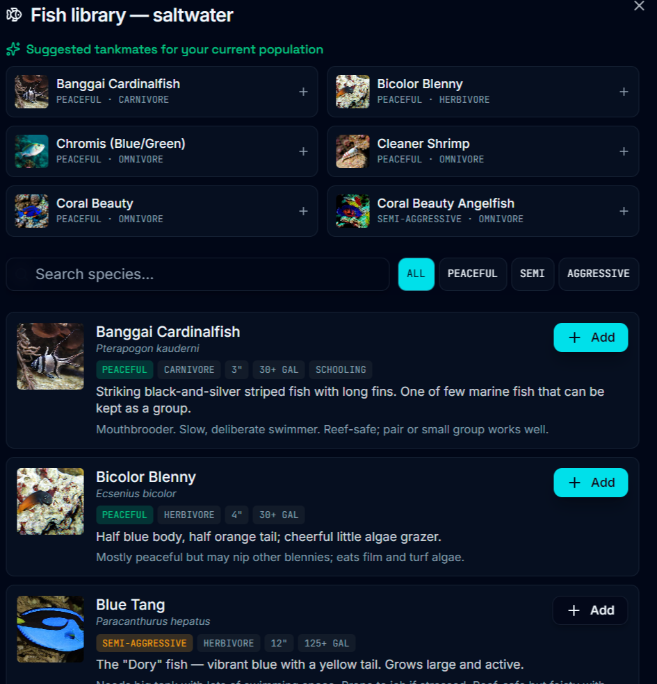 Suggested tankmates tailored to your current population