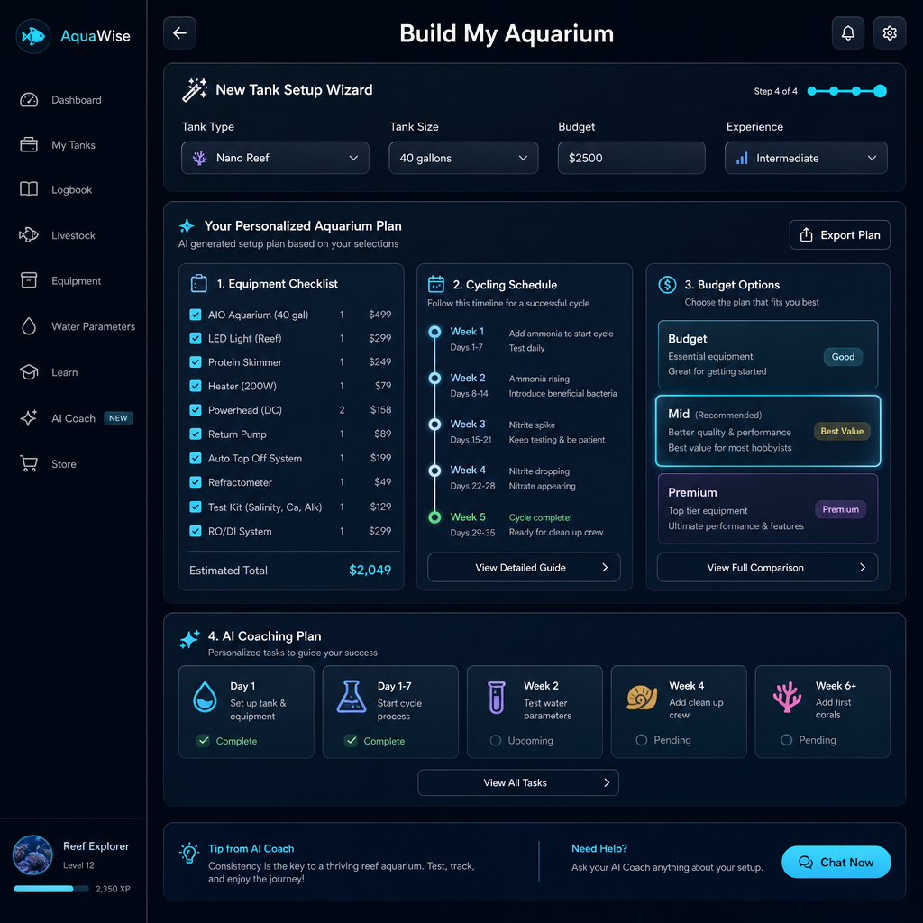 Build My Aquarium — wizard with equipment, timeline, budget, and AI coaching